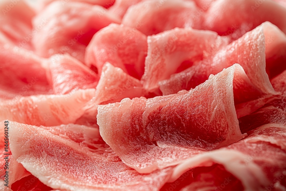 Poster thinly sliced fresh red meat arranged in an overlapping pattern, creating a visually appealing textu