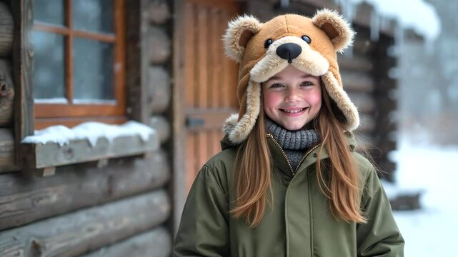 Young girl smiling shyly in a bear-eared trapper hat against a snowy cabin, evoking warmth and coziness of winter. Magical concept of Christmas and New Year holidays.
