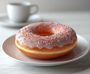 Pink sprinkled donut on white plate with coffee cup in background