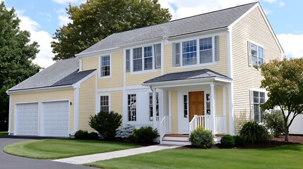 Charming Yellow Suburban House with Two Car Garage Landscaped Yard and Walkway