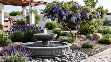 Fototapeta premium Serene Backyard Oasis Stone Fountain Lavender Wisteria and Pebble Landscaping