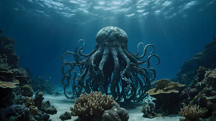 Beneath the deep blue ocean, a sleeping giant deity lies motionless, its sheer mass visible from the ocean surface.