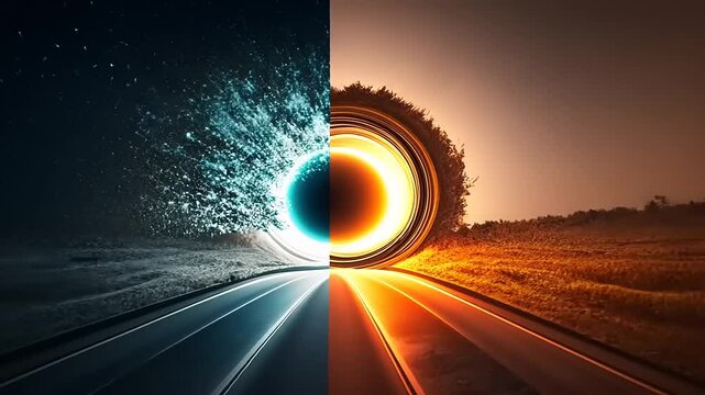 A surreal landscape split between day and night, featuring a road leading to contrasting worlds