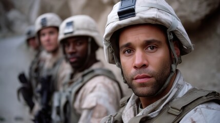 Fototapeta premium Close-up of male soldier in uniform with team in background during military operation outdoors