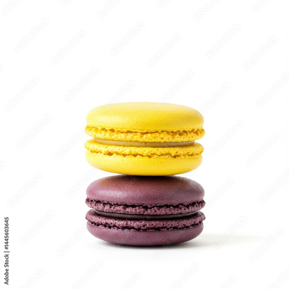 Poster a stack of two macarons one yellow and one purple on a white background in a studio setting