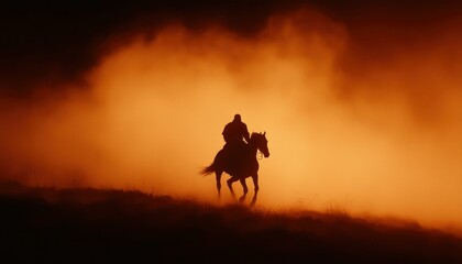 Silhouette of rider on horse in fiery sunset