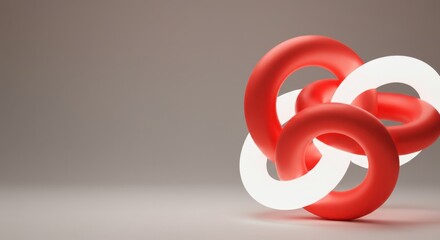 Abstract 3D Render: Intertwined Red and White Rings Against a Neutral Background
