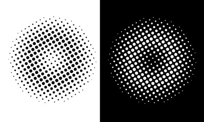 Circle black and white halftone dots backgrounds. Vector retro old comic dots halftone noise, arts. Spray points grain, grunge effect. Halftone circle. Comic dotted circles, round pop art shape