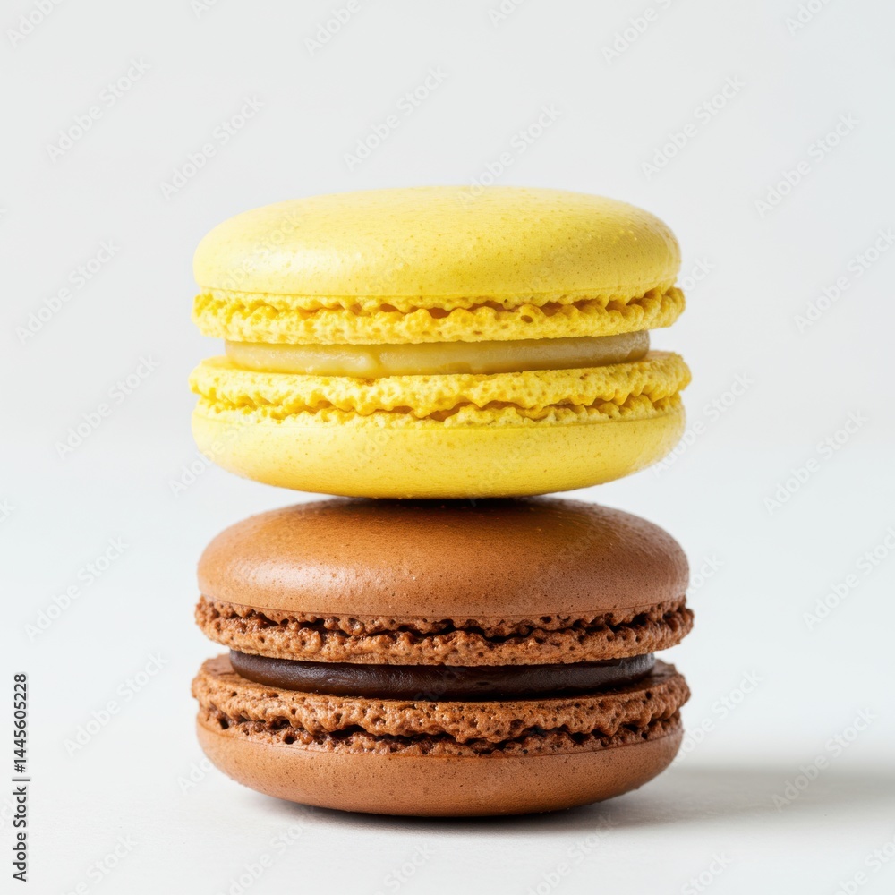 Poster a stack of two macarons with yellow and brown shells on a white background in a studio shot