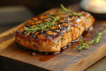 Delicious grilled tuna steak with rosemary and thyme on wooden cutting board