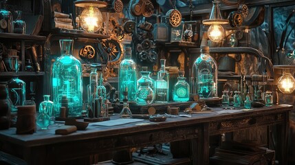 A mysterious laboratory from the past, filled with glowing glass jars and intricate gears.