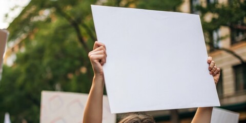 Protester holding a blank sign at a demonstration with green trees in background