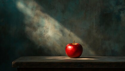 Red Apple on Wooden Table in Dramatic Light with Dark Background