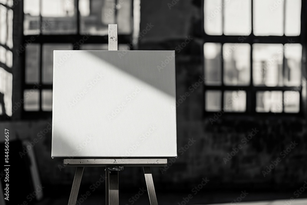 Poster blank canvas on an easel in a rustic, sunlit studio, ready for artistic creation.