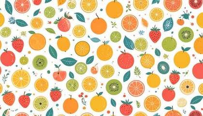 Vibrant Pattern of Fresh Fruits with Colorful Citrus, Berries, and Leaves on a White Background