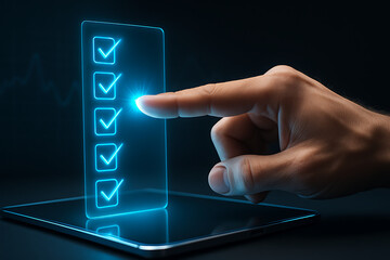 Hand Interacting with Holographic Checklist on Tablet Screen in Futuristic Digital Interface for Task Management and Productivity Technology Concepts