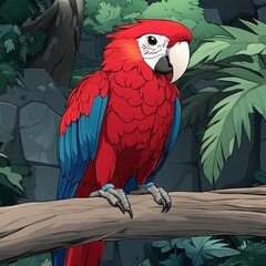 Red and Blue Macaw in Lush Green Jungle Illustration