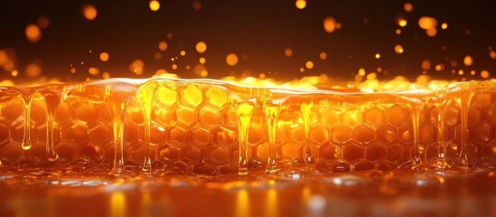 Dripping golden honey highlighting the intricate texture and beauty of organic honeycomb  The rich amber colored liquid flows and glistens