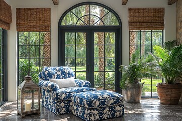  Blue and white patterned armchair with ottoman in front of French doors, surrounded by natural light and a fern garden.