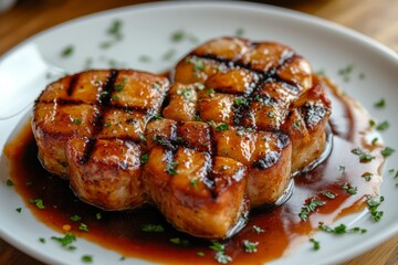 Two grilled pork chops seasoned with parsley and covered in a savory sauce, served on a white plate