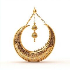 Golden crescent moon ornament with chain and pendant