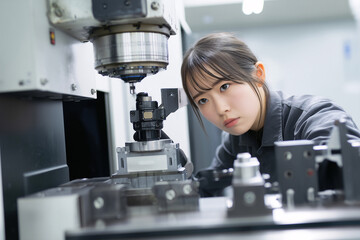 工作機械のテストを行う女性技術者 Generative AI