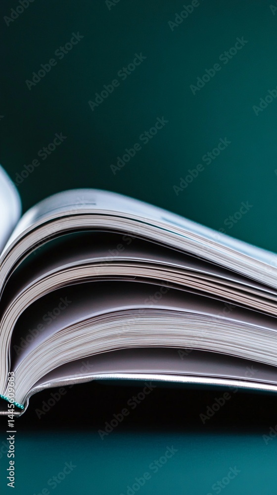 Poster exploring the art of knowledge: an open book revealing its pages against a deep teal background, sym