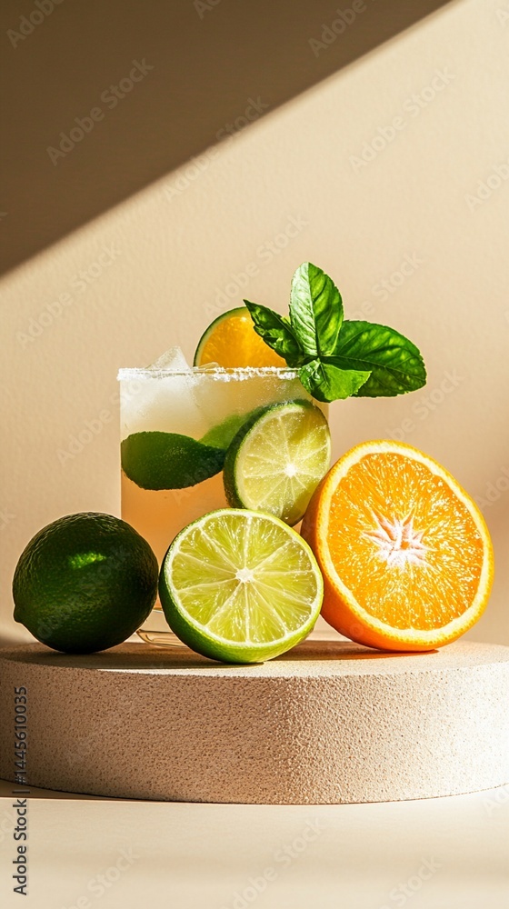 Poster refreshing citrus composition with a glass adorned with mint, displaying vibrant slices of lime and 