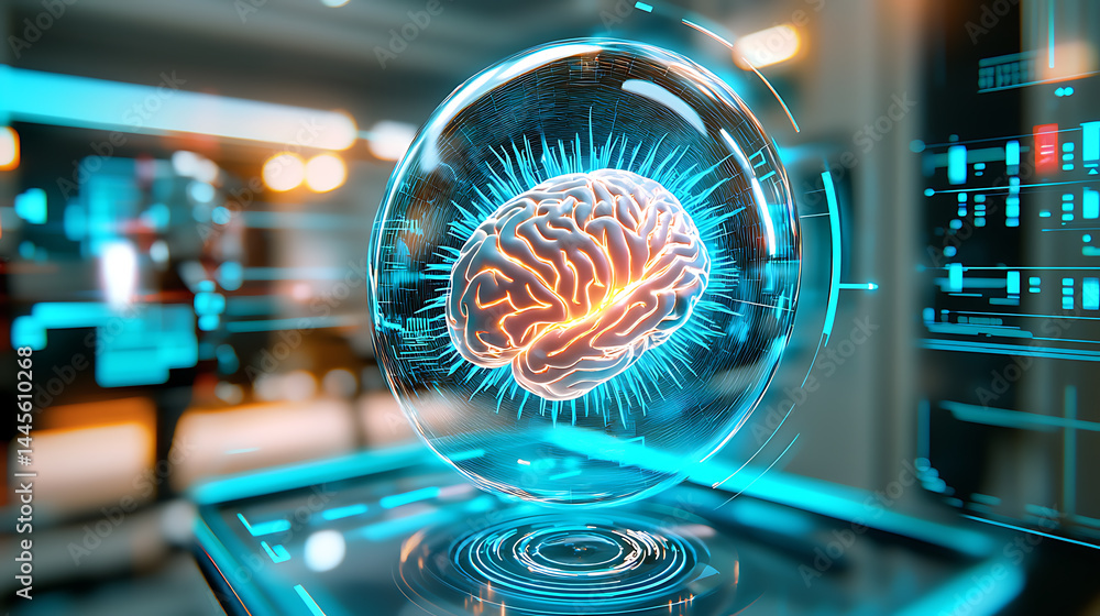 Poster innovative brain visualization digital lab 3d infographic high-tech environment close-up view neural