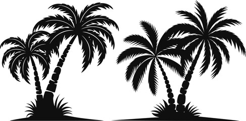 palm tree silhouette | Black and White Beach with Ocean Waves and Palm Tree| vector illustration Isolated on White Background