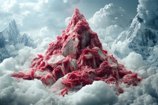 Huge pile of red meat forming a mountain among snowy peaks and white clouds, representing excessive meat consumption