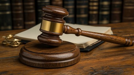 Wooden gavel on a desk, surrounded by books