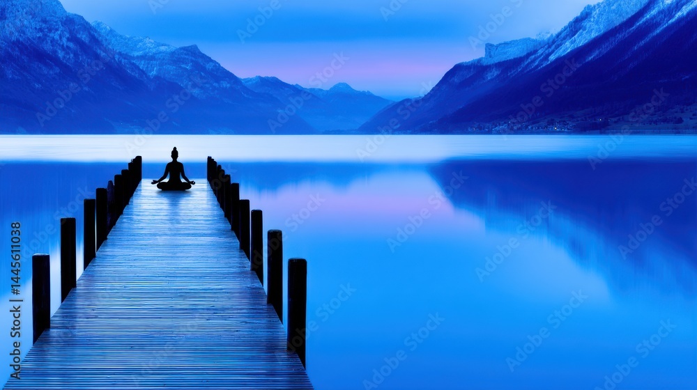 Poster serene meditation scene overlooking calm waters at dusk with mountains in background and reflection 