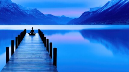Obraz premium Serene Meditation Scene Overlooking Calm Waters at Dusk with Mountains in Background and Reflection on the Surface of the Lake