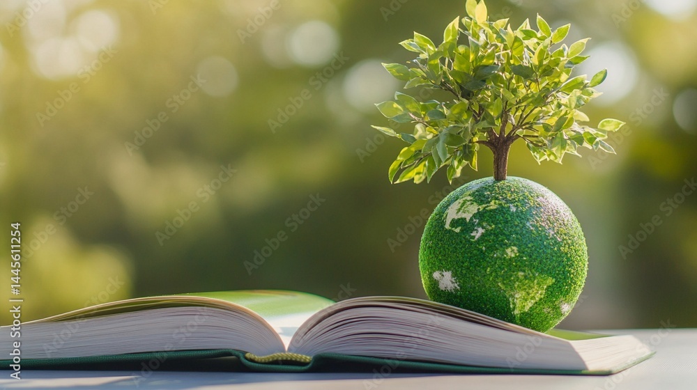Poster nurturing knowledge and environmental awareness: a miniature green globe with a thriving tree sprout