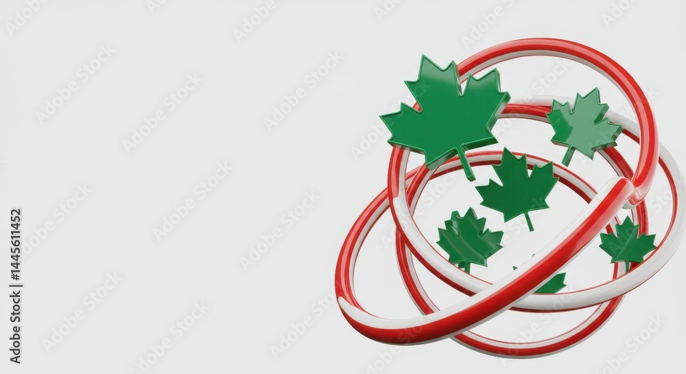 Poster abstract 3d render of intertwined rings and canadian maple leaves: a symbolic representation of unit
