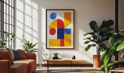 Modern geometric design with minimalist shapes in primary colors. AI generated illustration.