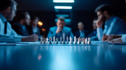 Strategic chess match among business leaders conference room photography nighttime close-up competitive mindset