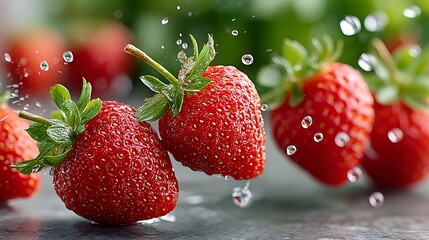 Juicy Red Strawberries with Water Droplets Fresh Fruit Close Up Photography