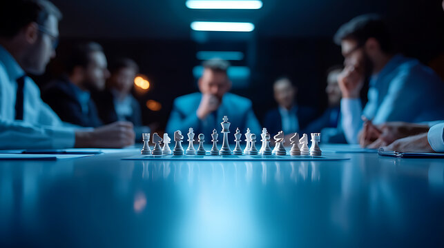 Strategic chess match among business leaders conference room photography nighttime close-up competitive mindset