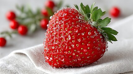 Juicy Red Strawberry with Water Droplets on Linen Close up Macro Photography
