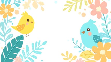 Cute birds surrounded by flowers and leaves