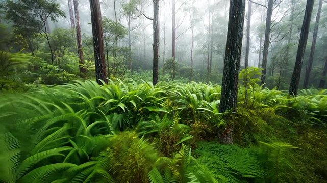 Lush green ferns thrive in misty forest, where tall trees and dense foliage create tranquil atmosphere, inviting exploration of serene wilderness and vibrant landscape.