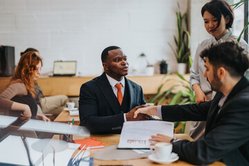 A group of people in a co working environment collaborating and marking a deal with a handshake, highlighting teamwork and modern business interactions.