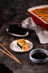 Baked sushi roll cake with crab surimi sticks