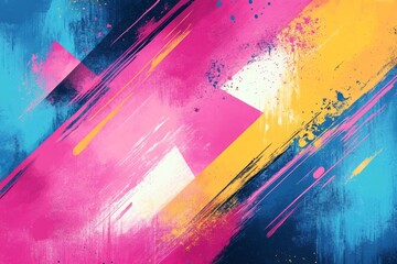 Vibrant hues of pink, yellow, and blue blend together in dynamic brushstrokes and splatters, creating an abstract textured background