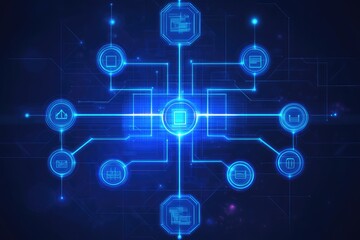 Modern hi-tech background with digital flowchart and neon design. AI generated illustration.
