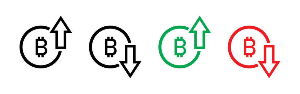 Bitcoin price increasing and decreasing icon set in black, green and red. Cryptocurrency rising and falling symbol set. Bitcoin with up and down arrow with outline isolated on white background
