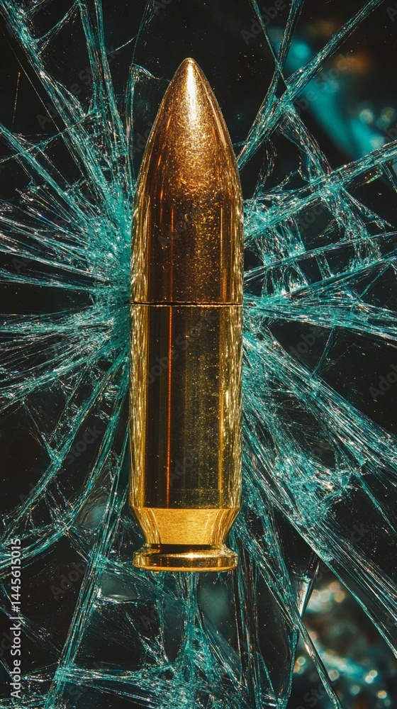 Poster a striking close-up of a gold bullet standing tall amidst shards of shattered glass, creating a bold