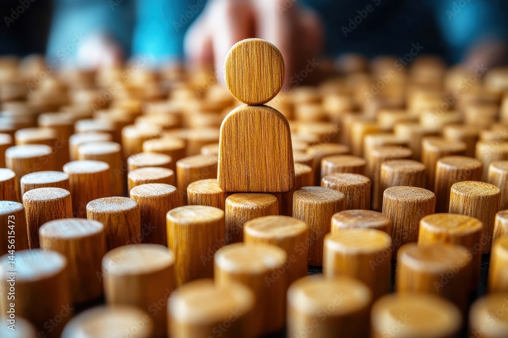 Poster wooden figure surrounded by cylindrical blocks representing individuality in a crowd or team dynamic